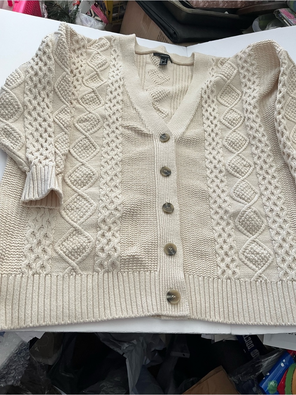 Forever 21 Women’s Size S Cream Cable Knit V Neck Button Cardigan